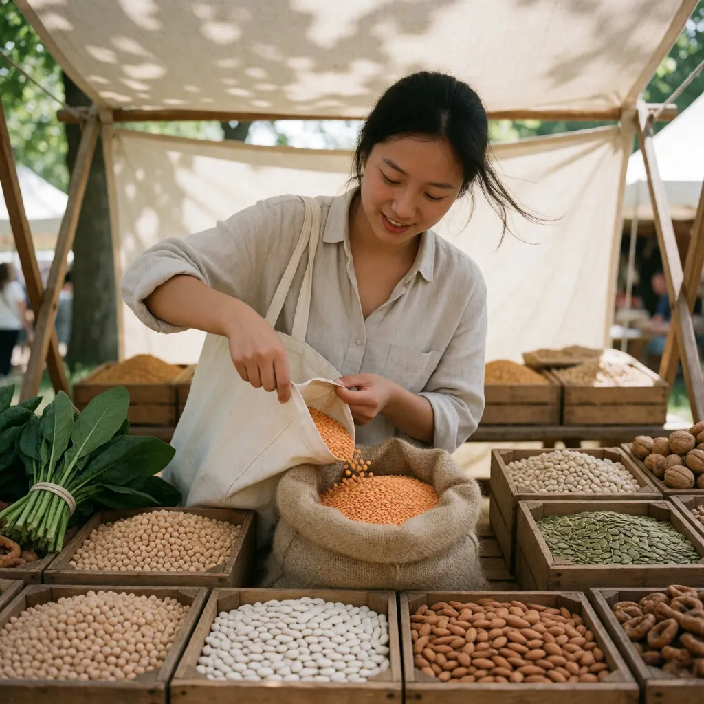 A young East Asian woman filling a tote bag with lentils at an open-air market stall