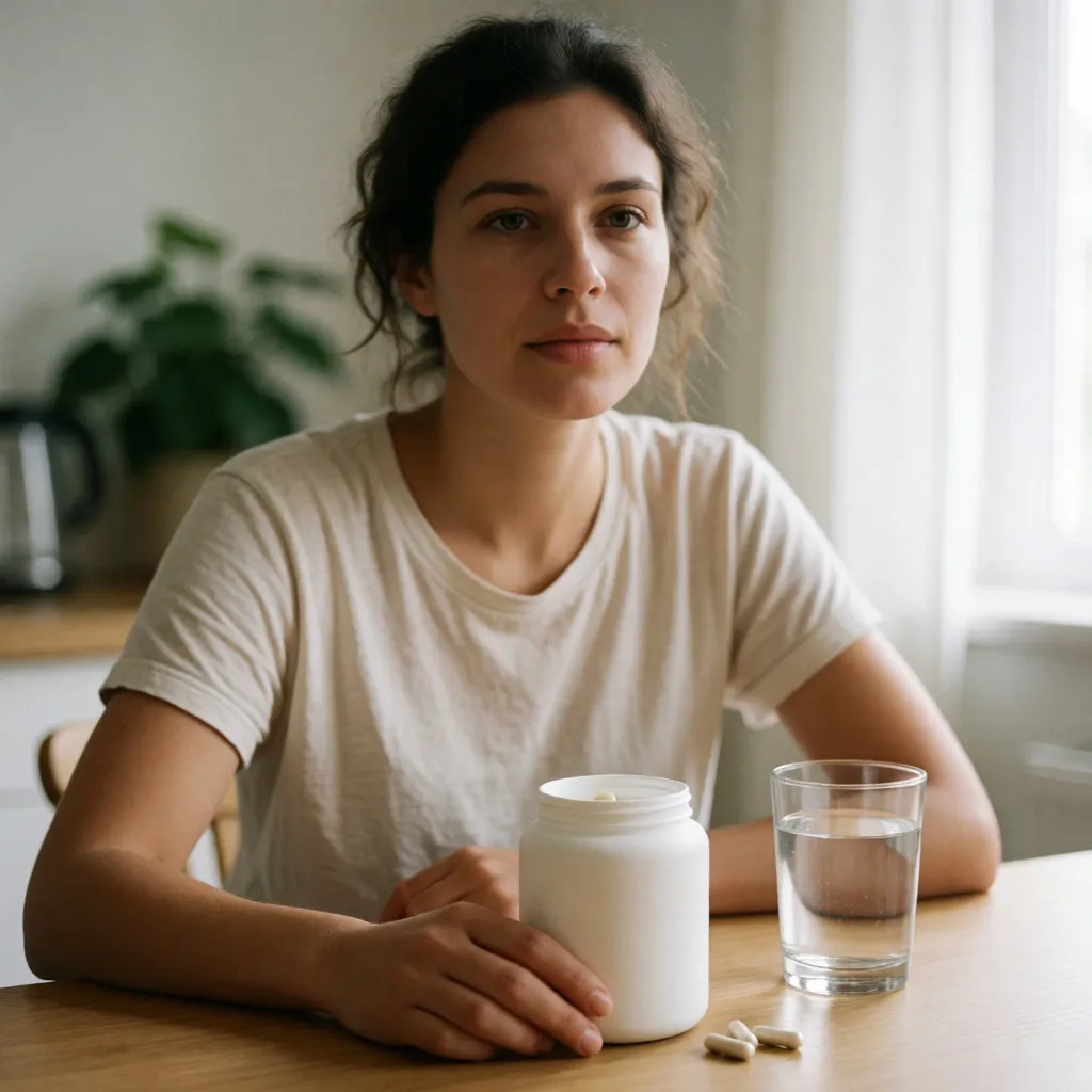 A young mixed-heritage woman at her kitchen table with an unlabelled bottle of supplements and a glass of water