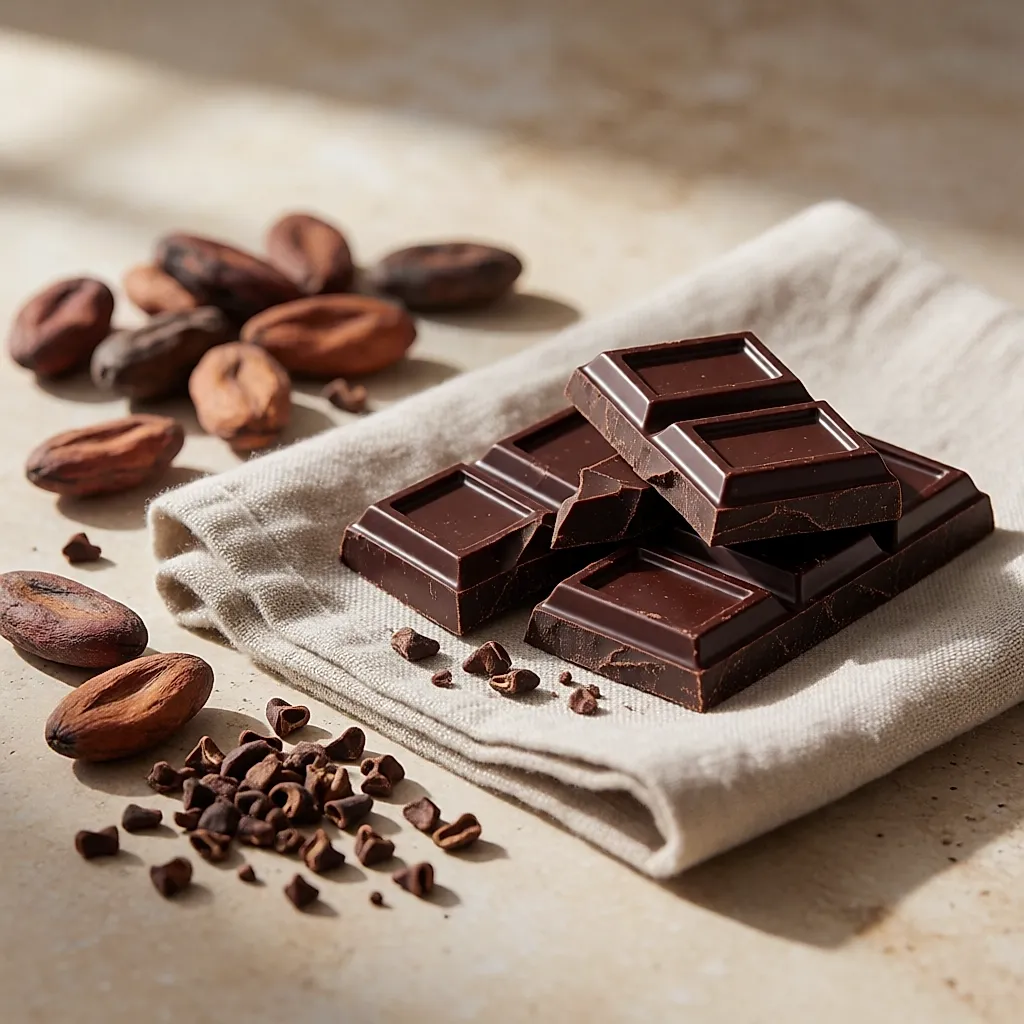 Squares of dark chocolate, cocoa beans and cocoa nibs on a linen cloth
