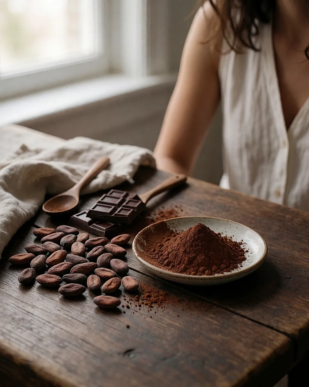 Cocoa beans, cocoa powder and a square of 70% dark chocolate on a wooden table