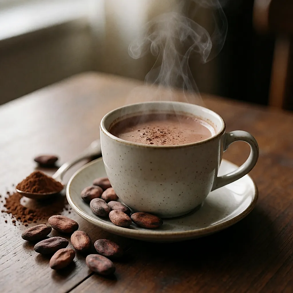 A cup of unsweetened cocoa, cocoa beans and cocoa powder on a wooden table