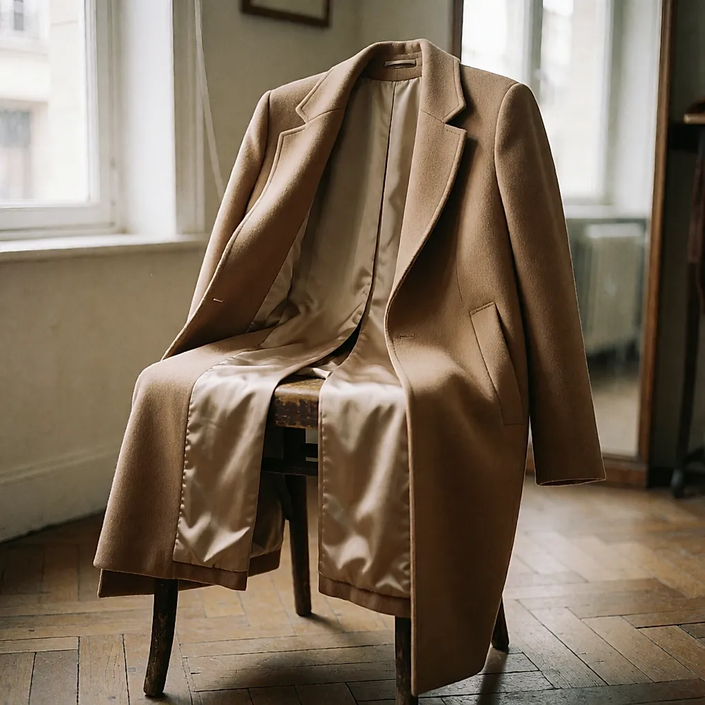 Manteau en laine retourné sur une chaise, doublure satinée et coutures d'épaules visibles