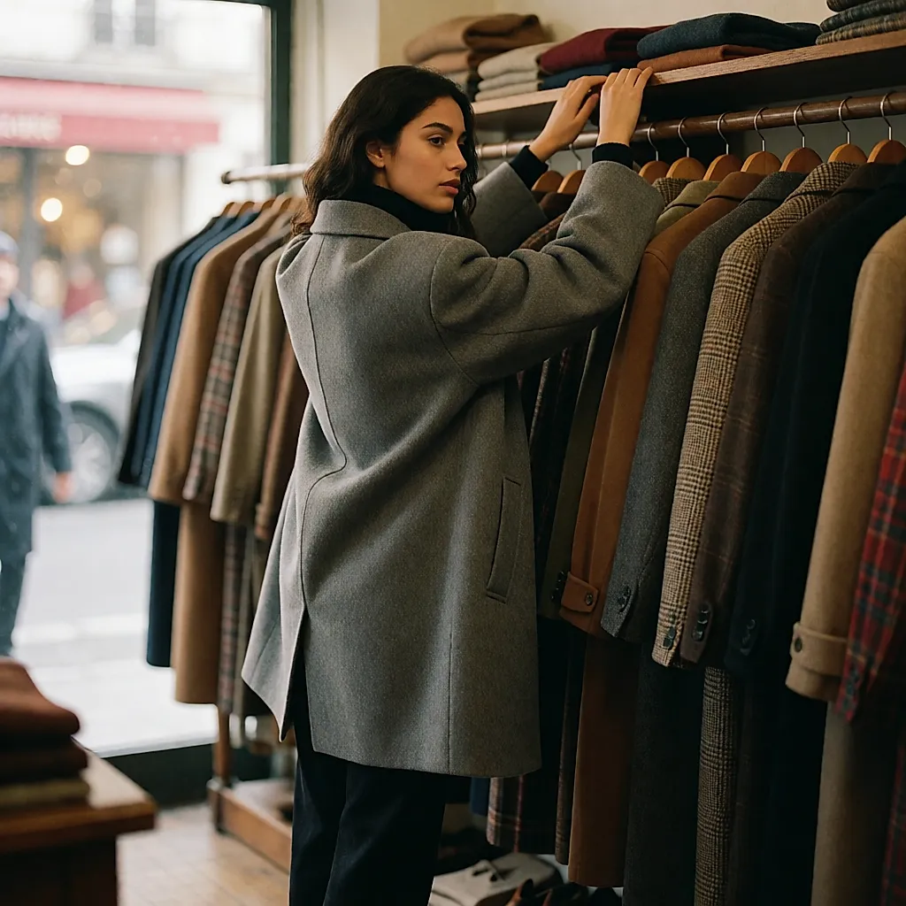 Femme en manteau de laine les bras levés, testant l'aisance des emmanchures en boutique