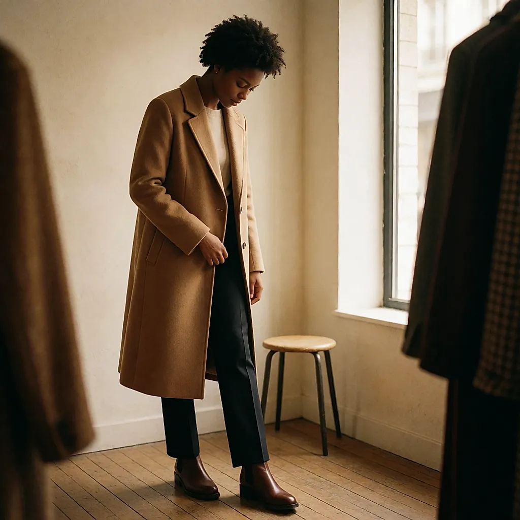 Femme essayant un manteau long et regardant la longueur de l'ourlet sous le genou