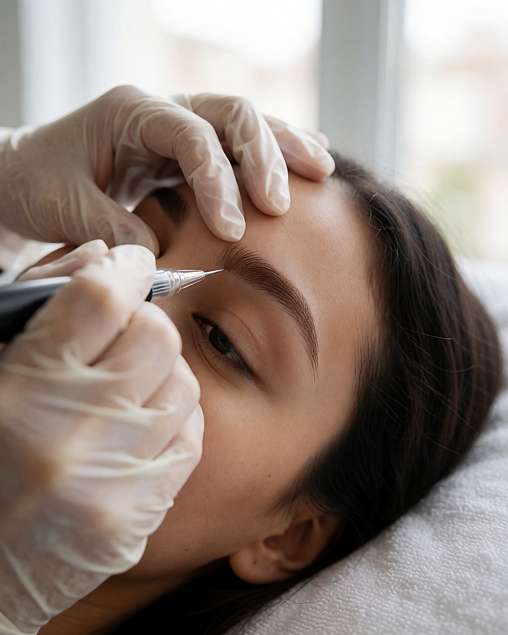 Macro d'une aiguille de dermopigmentation traçant un sourcil poil à poil sur une peau métissée