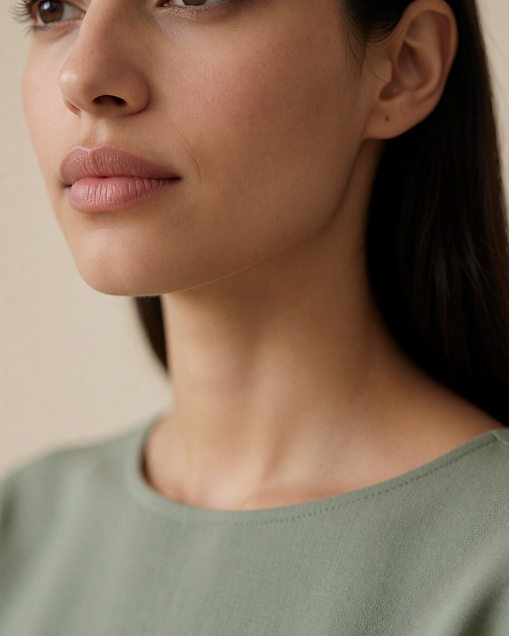 Bas du visage d'une jeune femme, contour des lèvres redessiné et teinte beige rosé naturelle