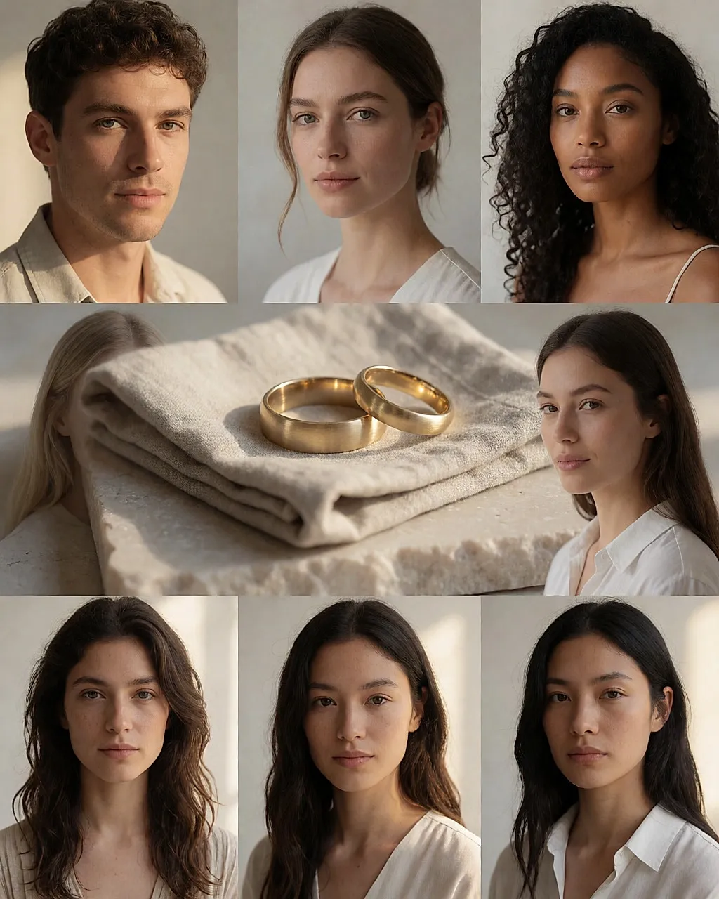 Two recycled-gold wedding rings, simple bands resting on raw linen and a pale stone