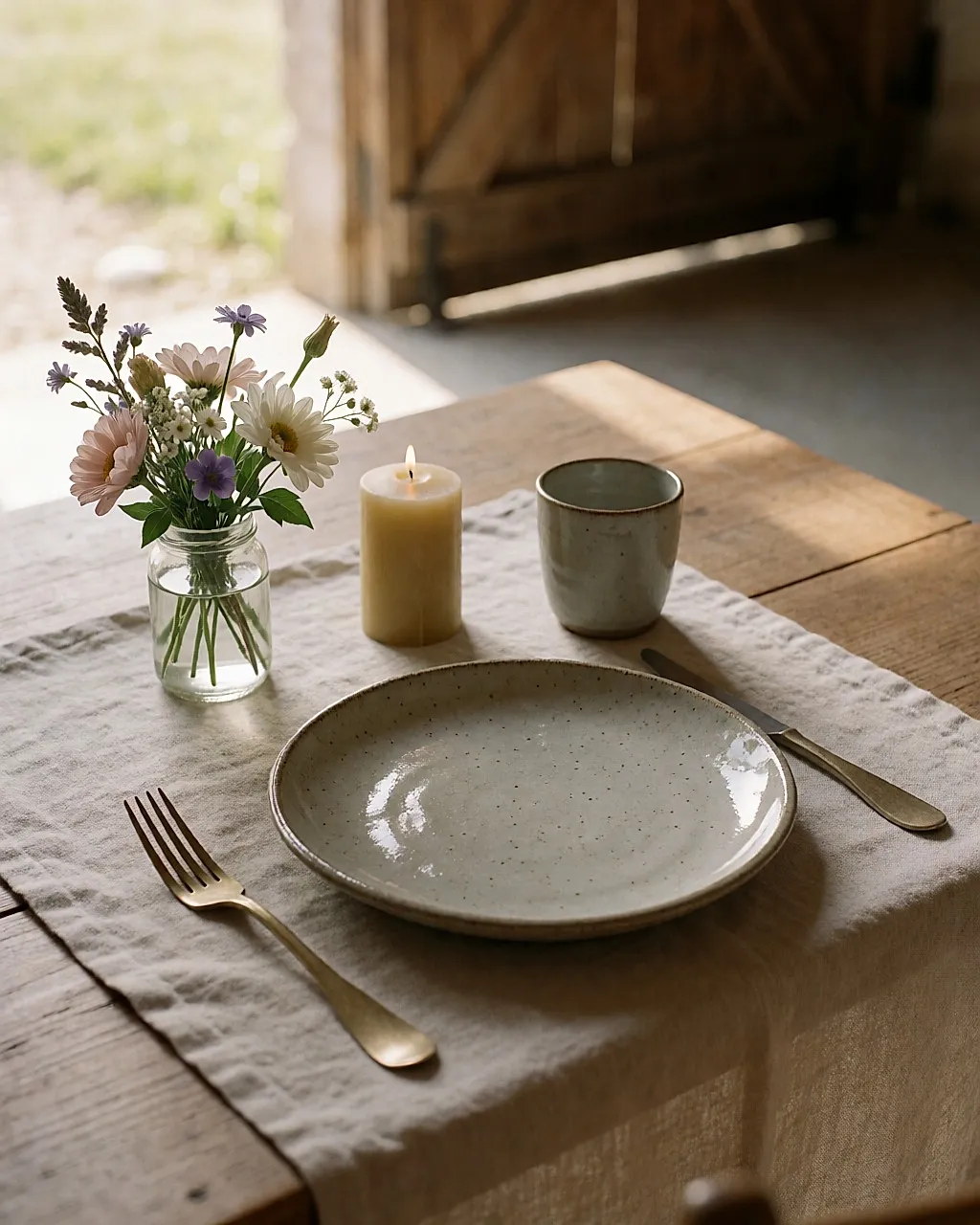Detail of a wedding place setting: crumpled linen, a handmade stoneware plate, seasonal flowers and a candle