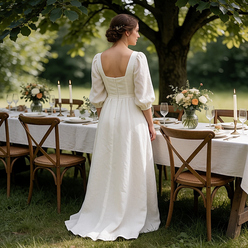 Rustic wedding meal: bride seen from behind in a linen dress at a long wooden table under a tree