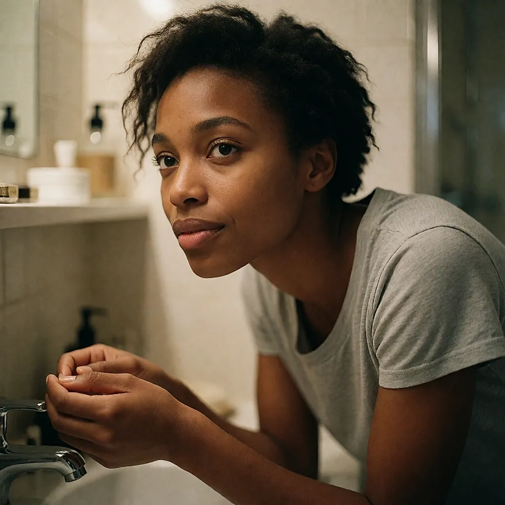 Une femme inspecte ses cils à la lumière chaude de la salle de bain, le soir