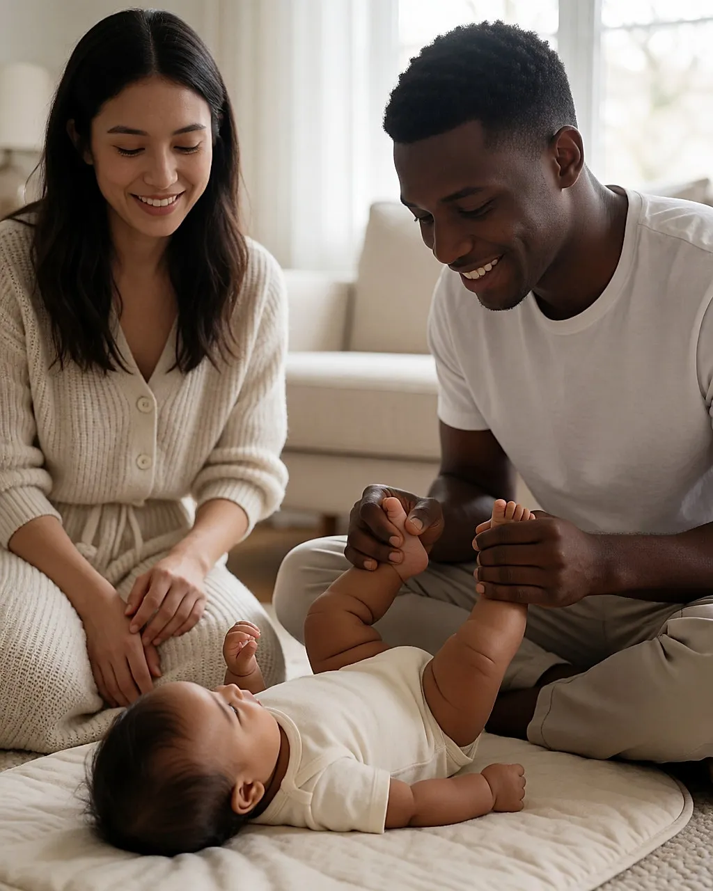 Ein Vater sitzt auf dem Boden und massiert die Füße seines Babys, das auf einer Baumwollmatte liegt
