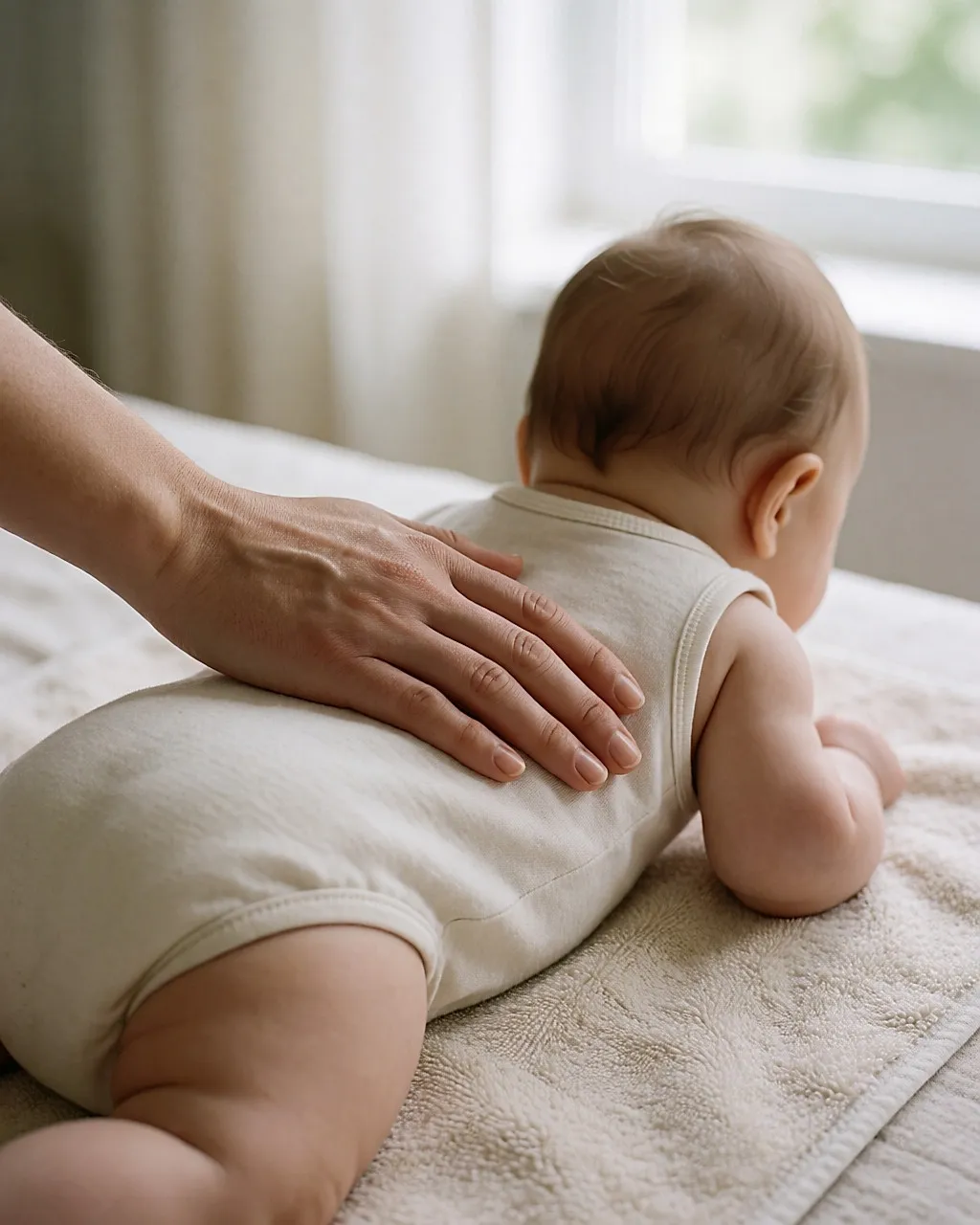 Eine flache Hand auf dem Rücken eines Babys, das auf dem Bauch auf einem Baumwolltuch liegt