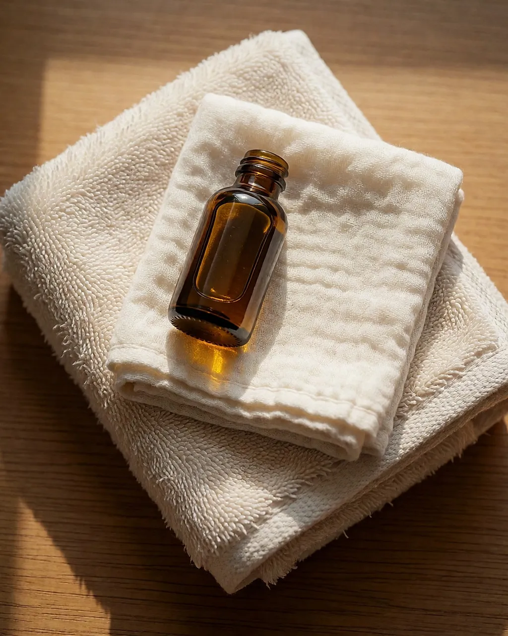 Flach liegendes Stillleben: gefaltetes Handtuch, braune Glasflasche und Musselintuch