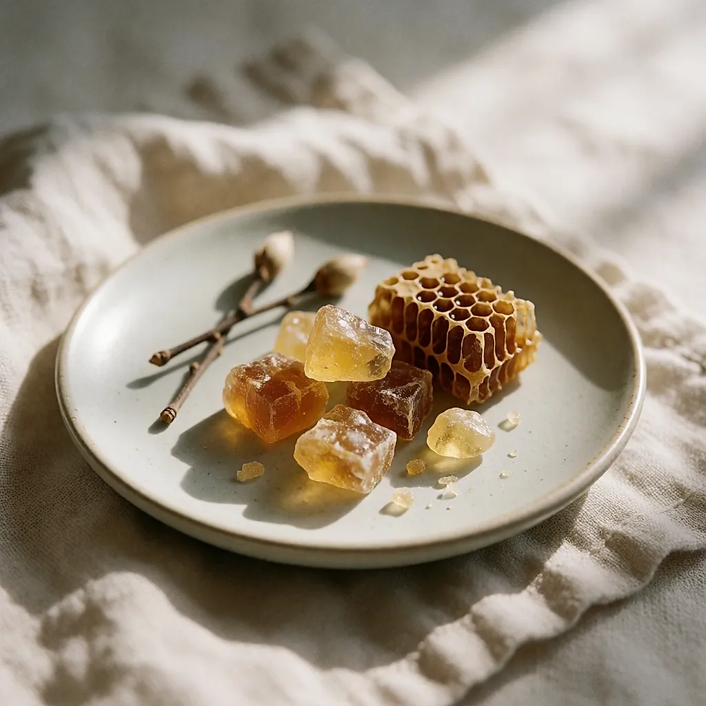 Morceaux de résine de propolis ambrée et fragment de rayon de miel sur une coupelle