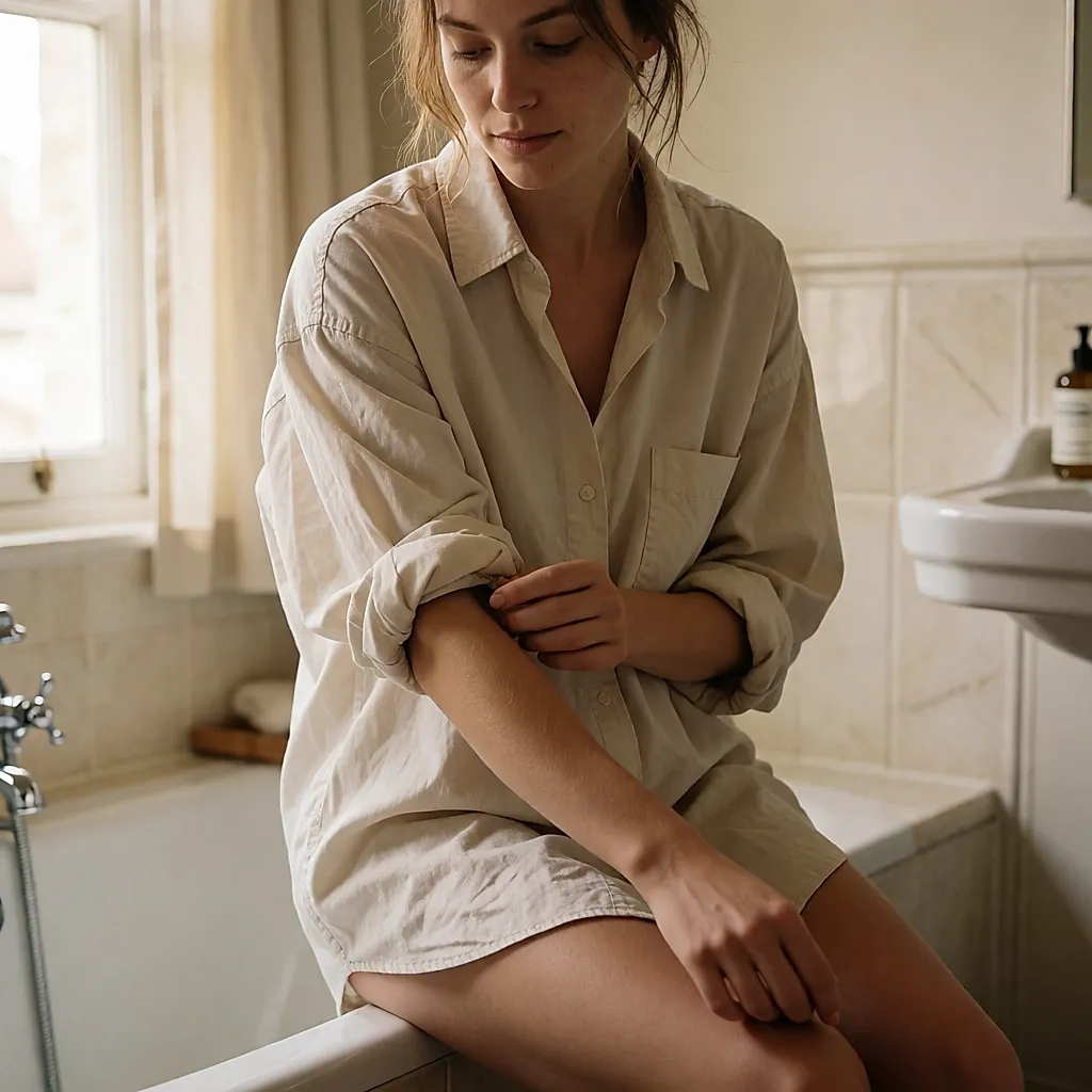 Une femme examine la peau de son avant-bras à la lumière de la fenêtre, dans une salle de bain