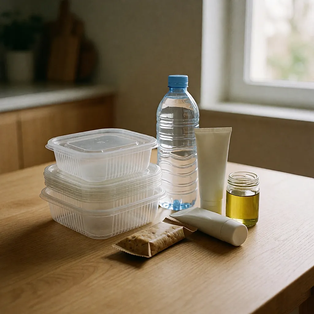 Boîtes plastique, bouteille d'eau, produit cosmétique et bocal en verre réunis sur une table de cuisine