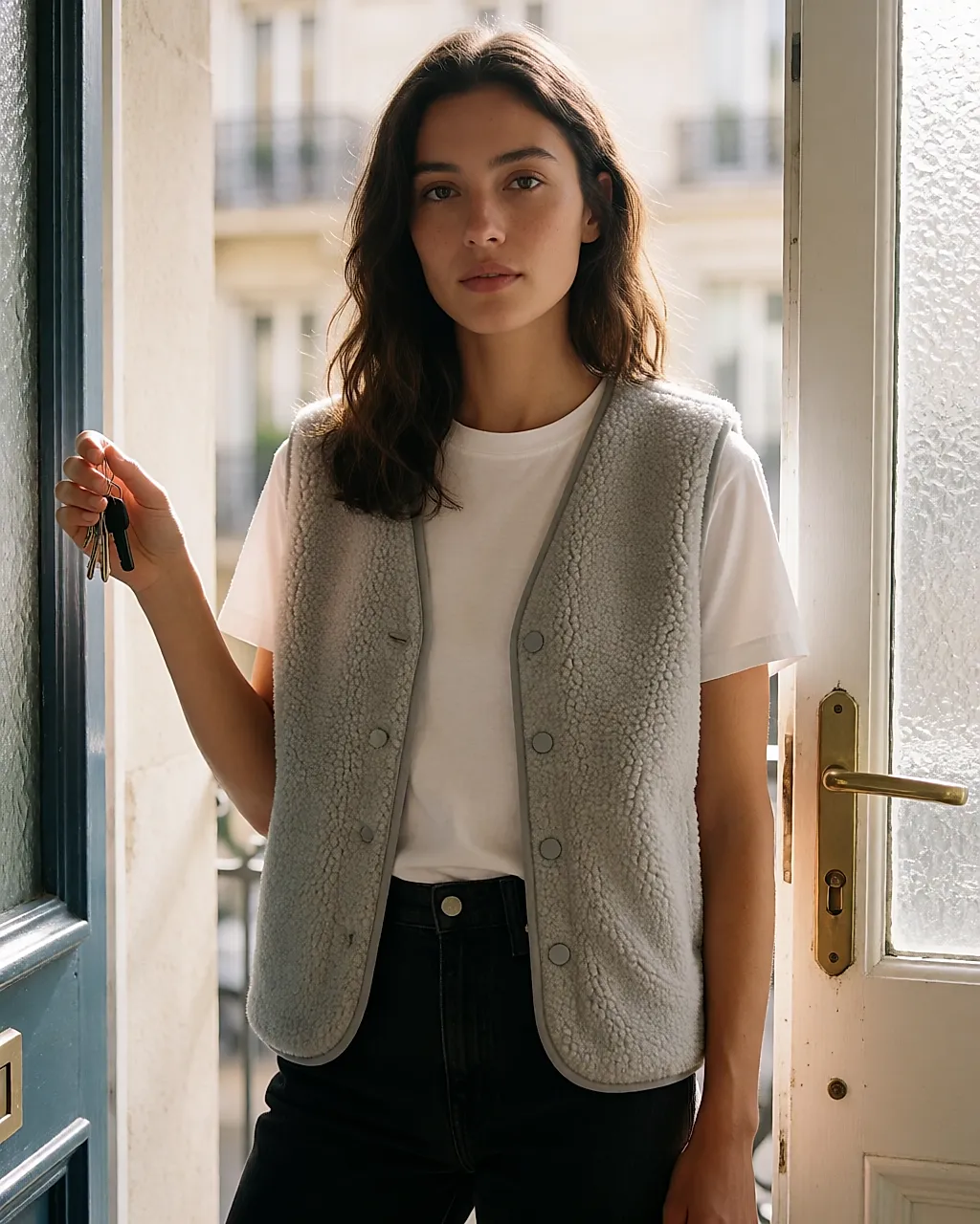 Un chaleco de felpa gris abotonado sobre una camiseta blanca, look de mañana