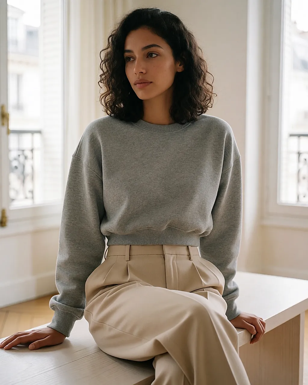 Sudadera de felpa gris corta con pantalón de pinzas de talle alto, cintura marcada