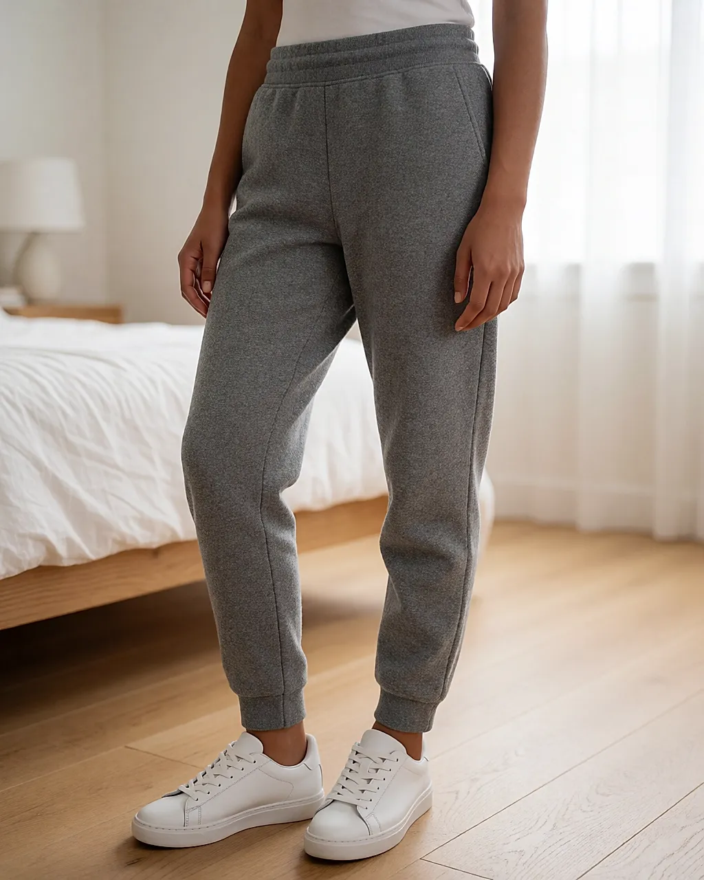 Pantalón de jogging de felpa gris jaspeada puesto, cinturilla elástica y zapatillas blancas