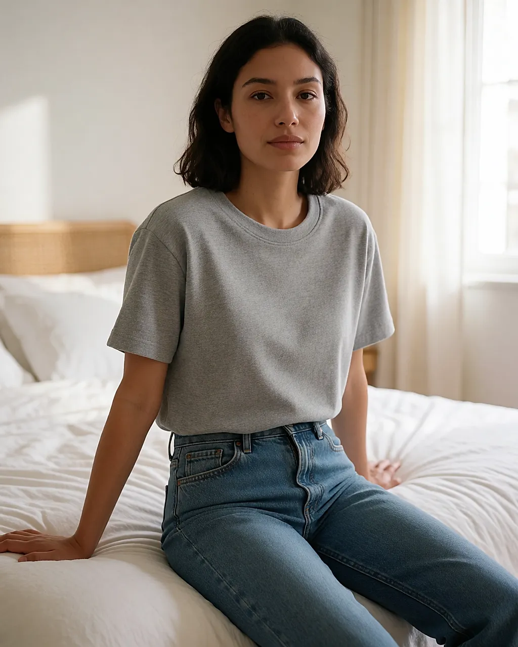 Camiseta de felpa gris puesta, etiqueta de composición cosida en el interior del cuello
