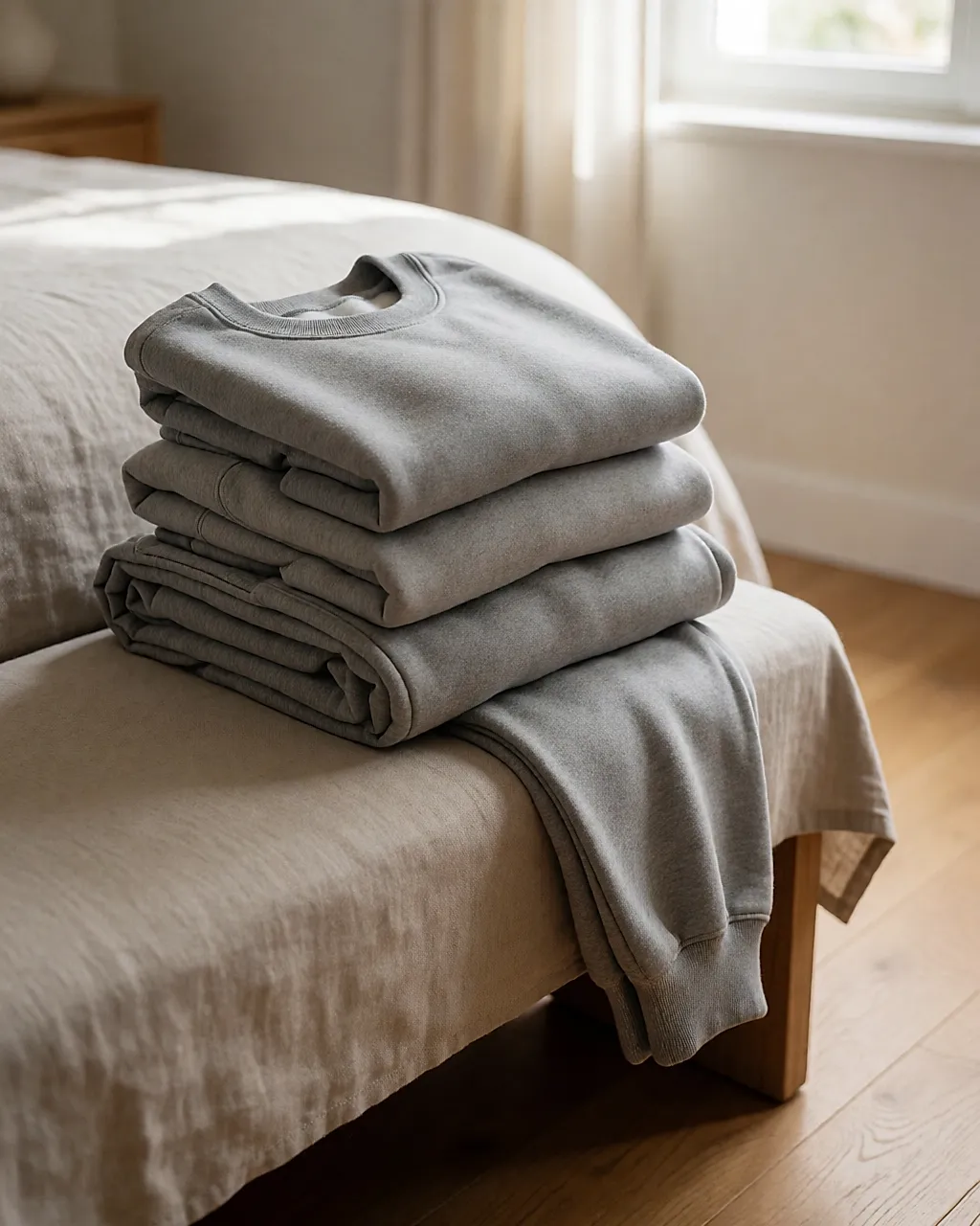 Pila de sudaderas y un pantalón de felpa gris doblados sobre un banco a los pies de la cama
