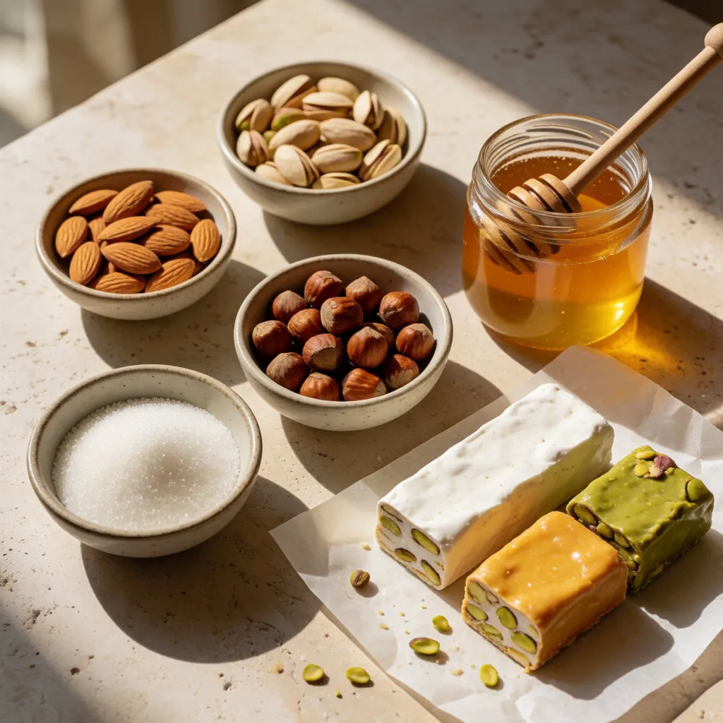 Ingredientes del nougat: almendras, pistachos, avellanas, miel y azúcar, con tres nougats sobre una mesa.