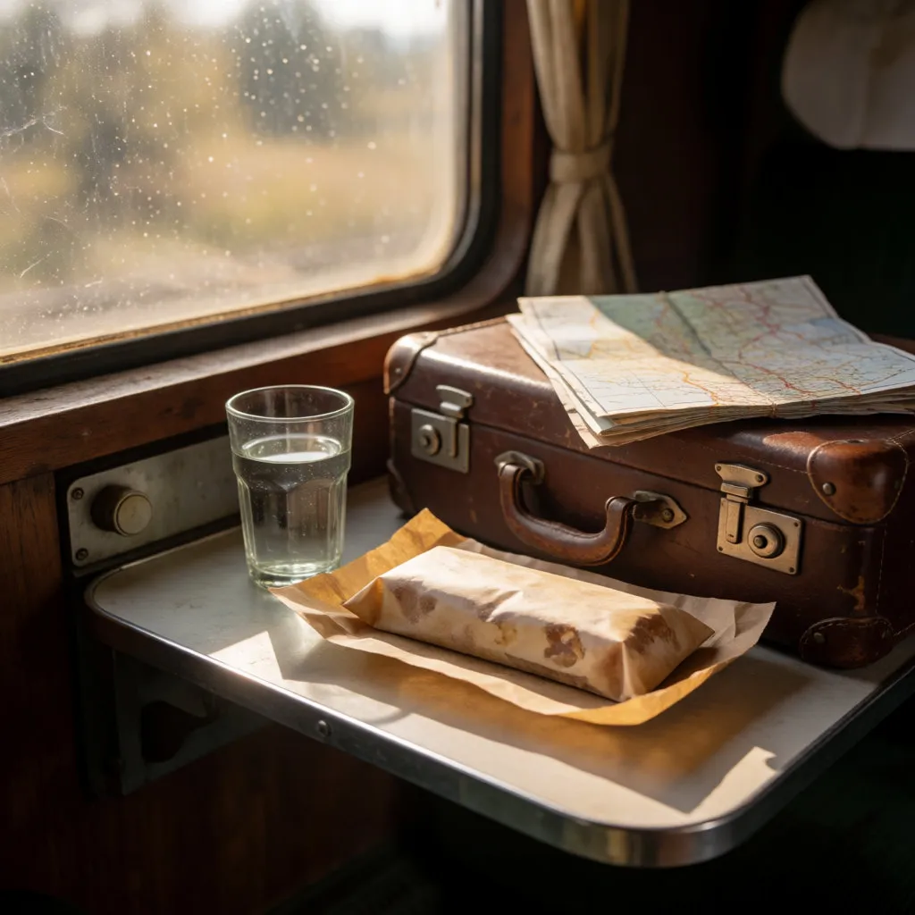 Barra de nougat en un antiguo compartimento de tren, junto a una maleta y un mapa.