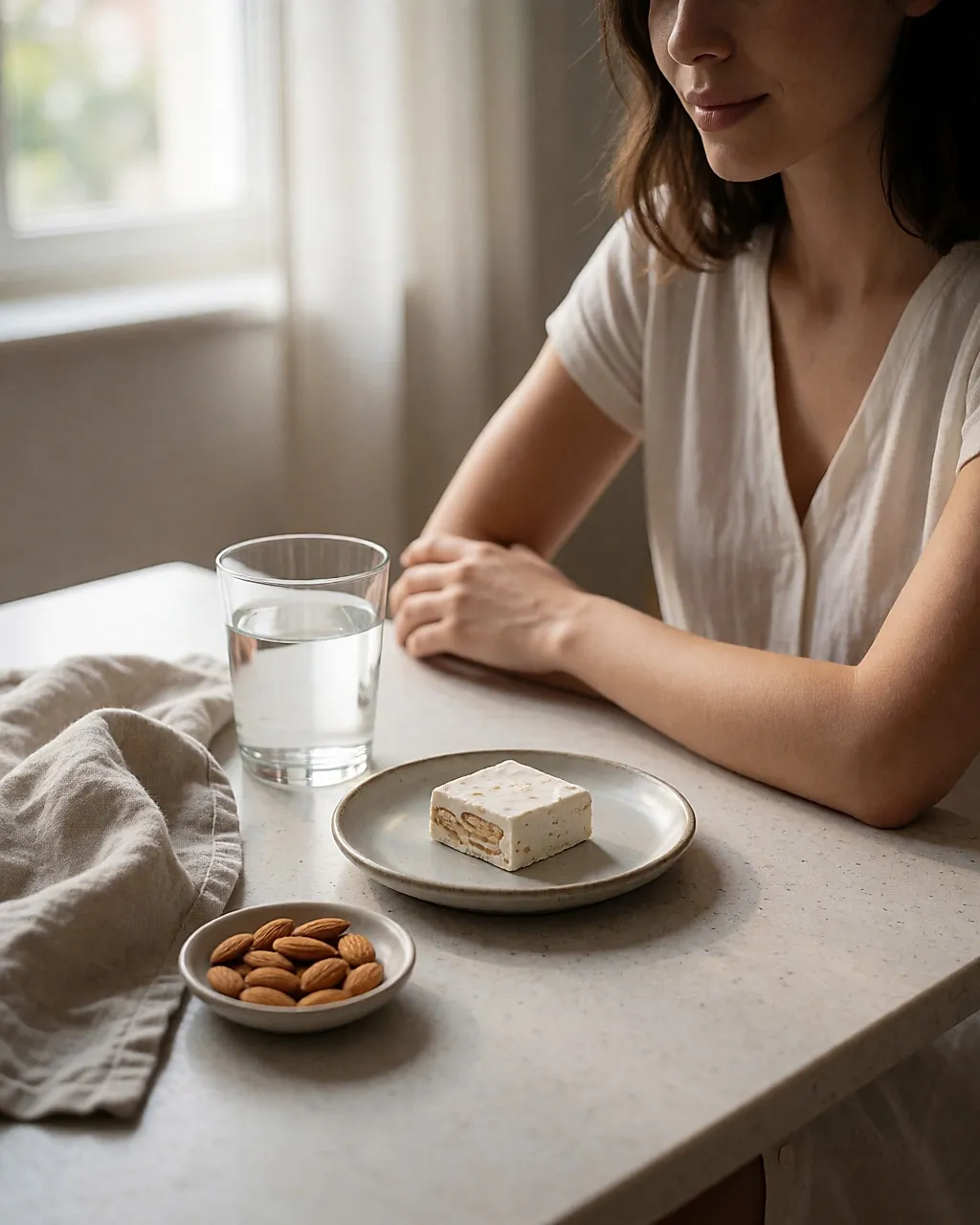 Un trocito de nougat en un platito junto a un vaso de agua y un cuenco de almendras.