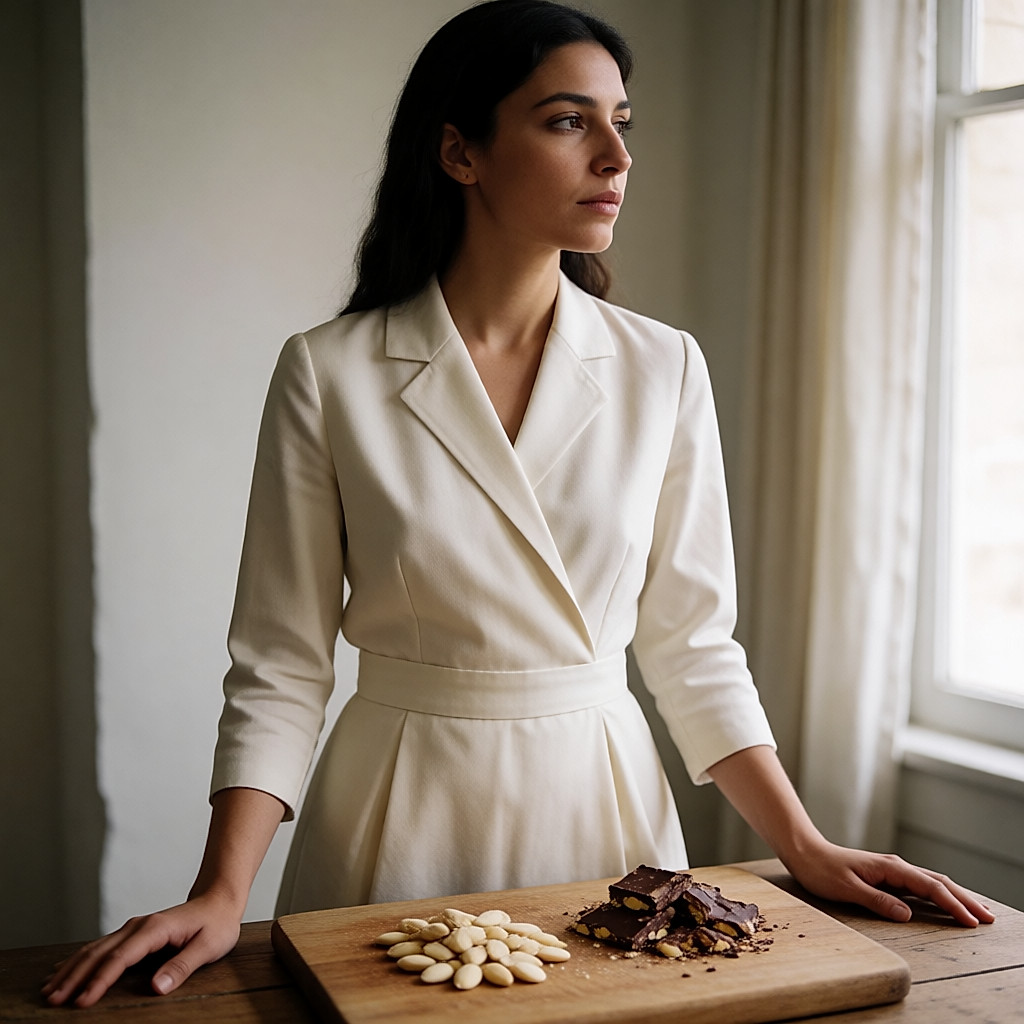 Barra de nougat cubierta de chocolate negro y cortada sobre una tabla de madera con almendras y virutas de cacao.