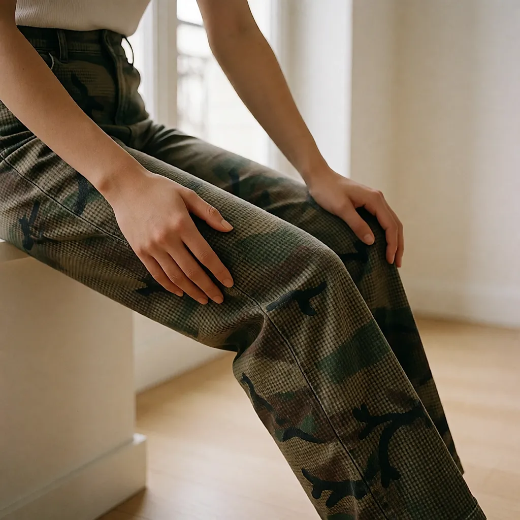 Detalle de un pantalón camo de estampado menudo, con una mano alisando el algodón grueso sobre el muslo