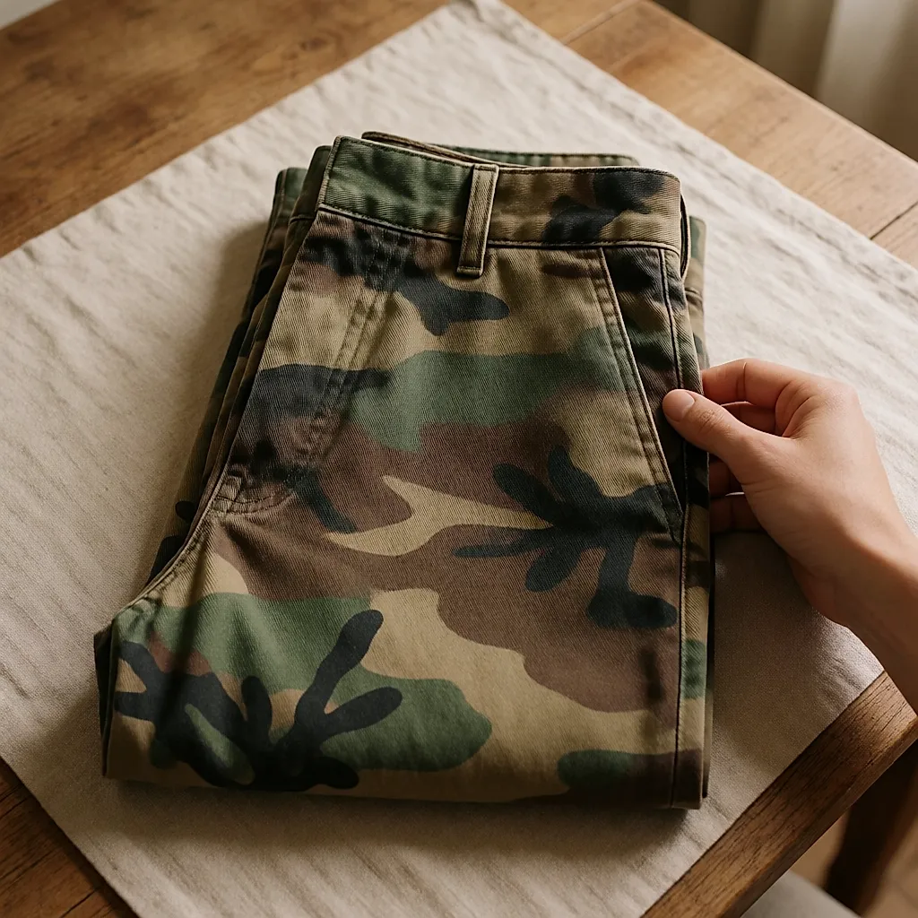 Algodón grueso de un pantalón camo: cinturilla, bolsillo y tela pellizcada entre los dedos