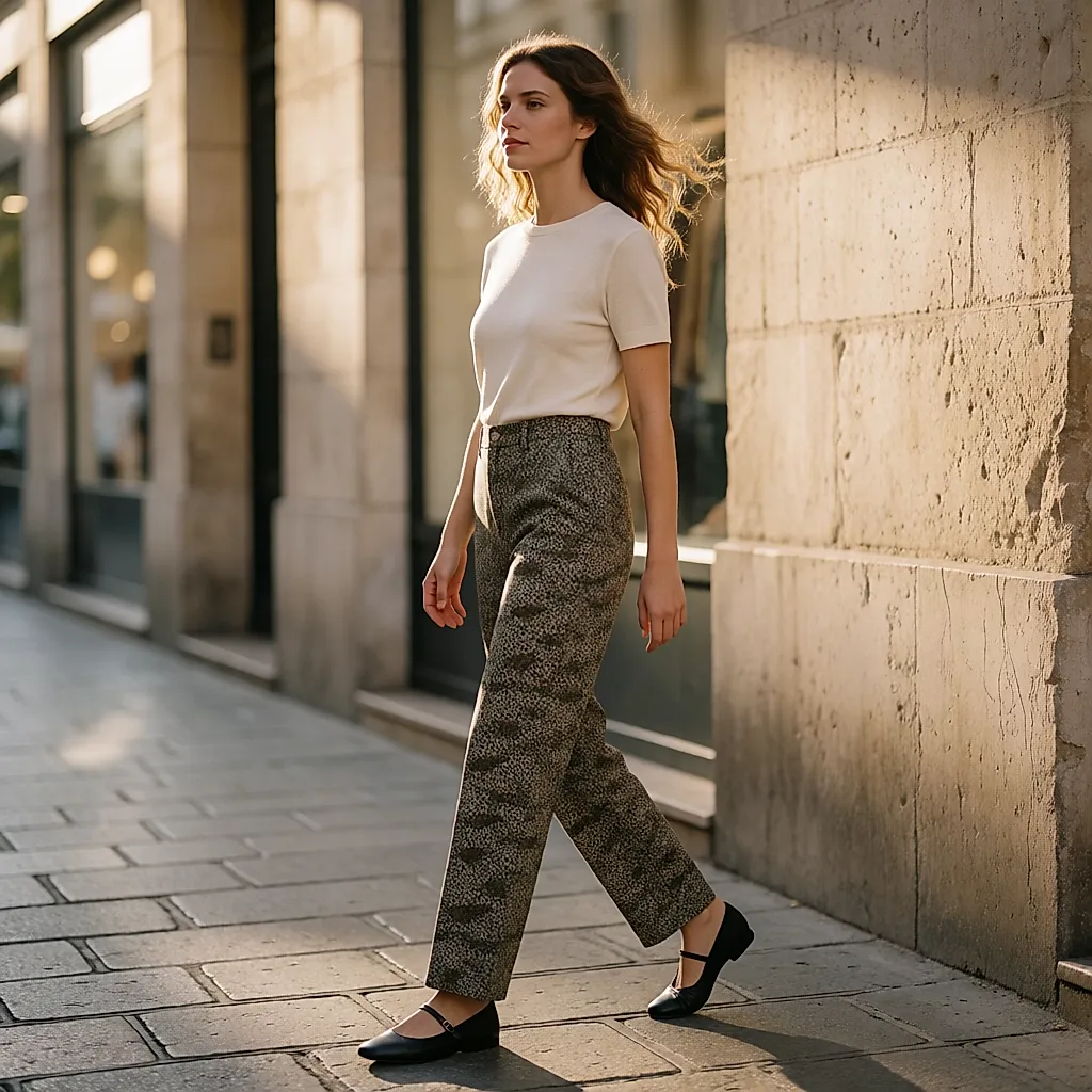 Pantalón camo de talle alto con bailarinas de piel blanda, el look que suaviza el estampado militar en el día a día
