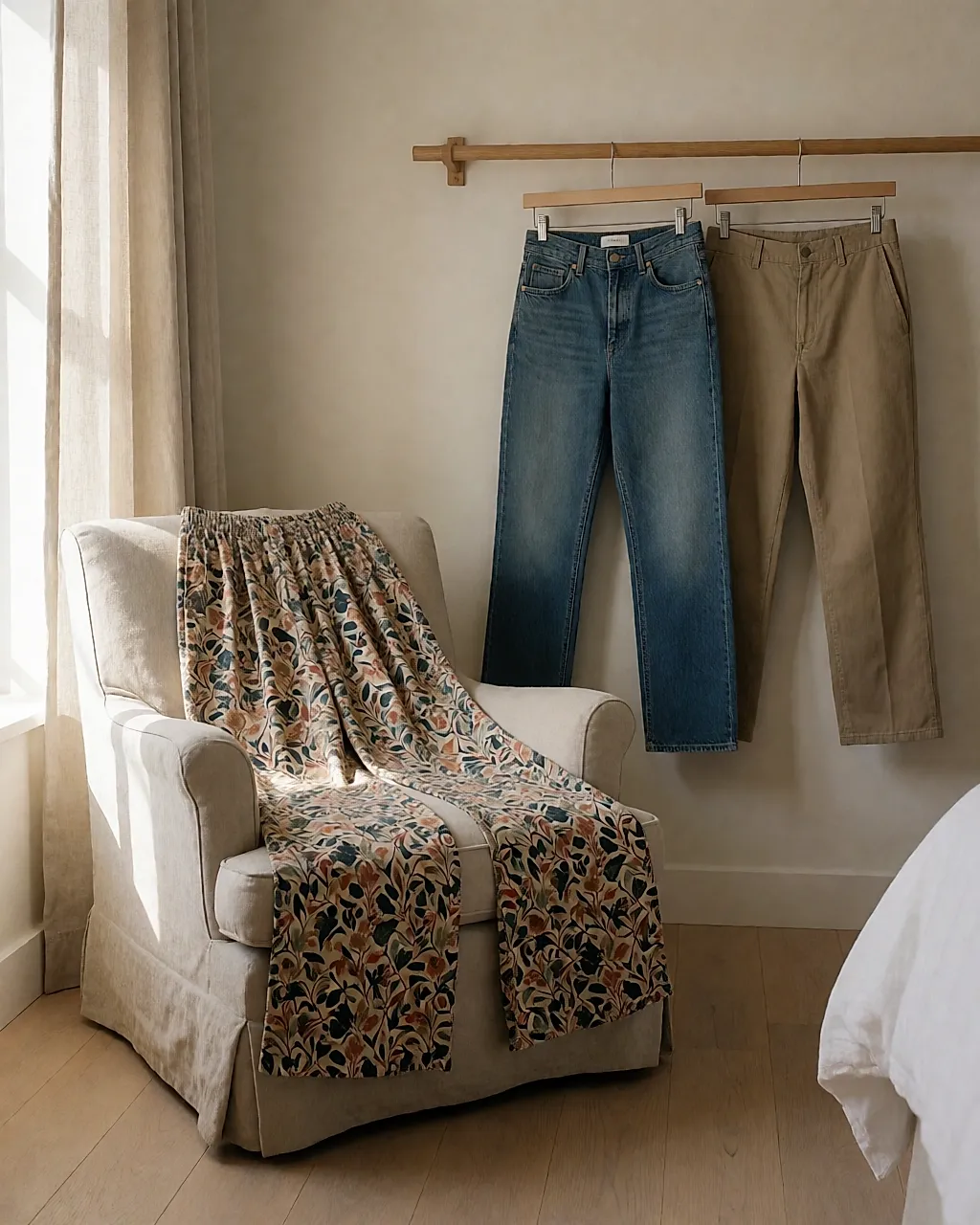 Un pantalon imprimé posé sur un fauteuil, face aux basiques suspendus dans la chambre