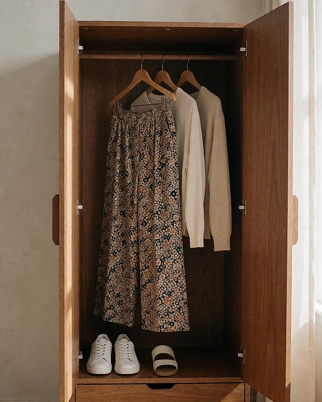Une garde-robe ouverte : un pantalon imprimé, deux hauts unis, des chaussures neutres
