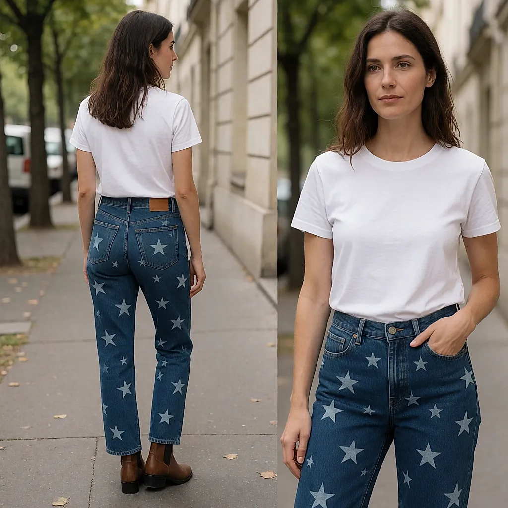 Une femme de dos en jean imprimé d'étoiles, tee-shirt blanc et boots, sur un trottoir