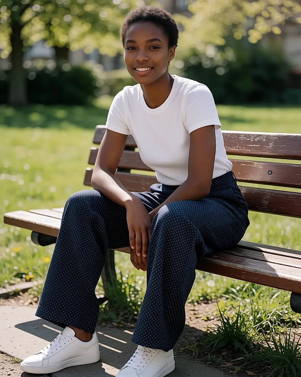 Une femme assise sur un banc, pantalon à micro-pois marine et tee-shirt blanc