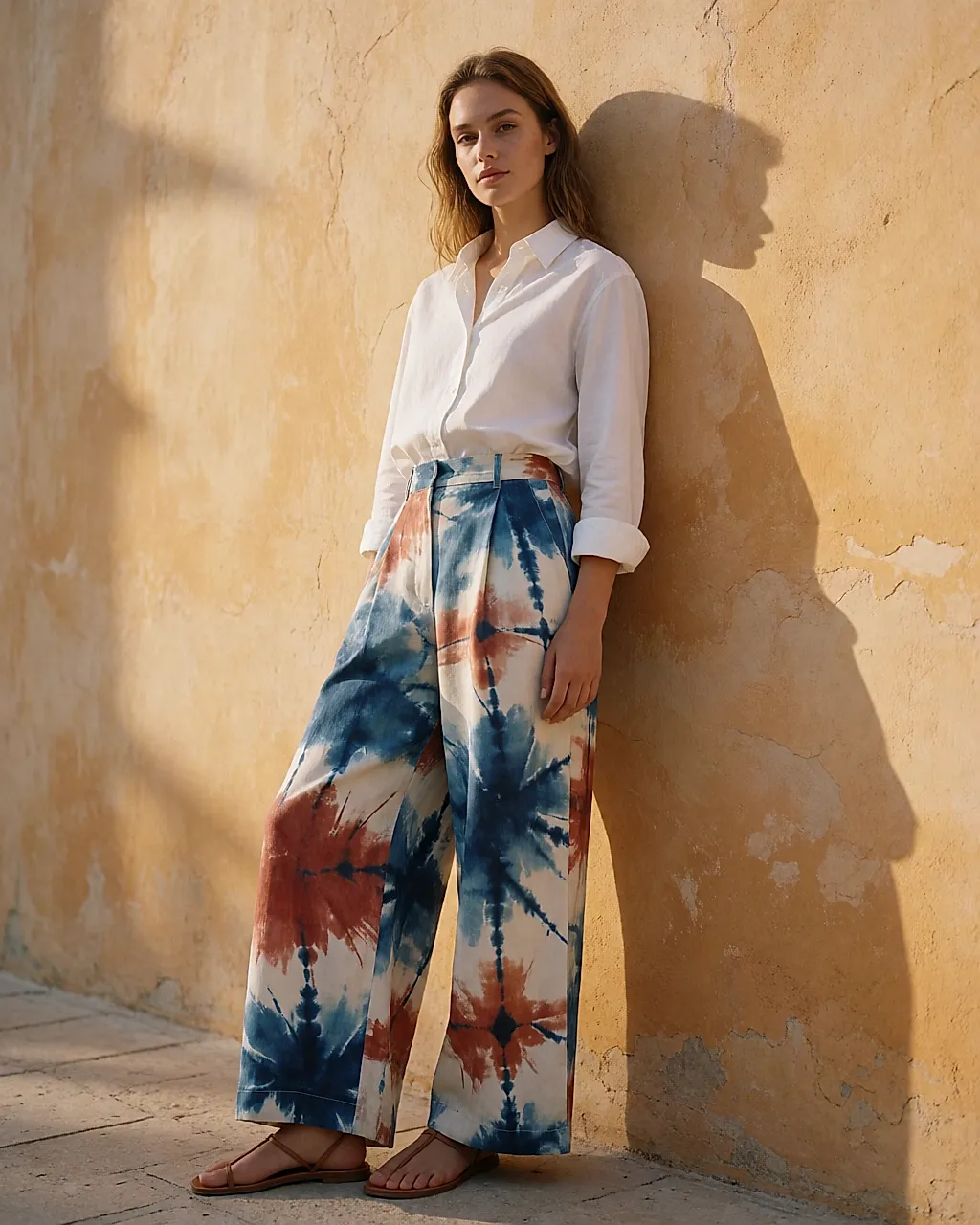Une femme devant un mur ocre, pantalon tie & dye à grand motif et chemise blanche