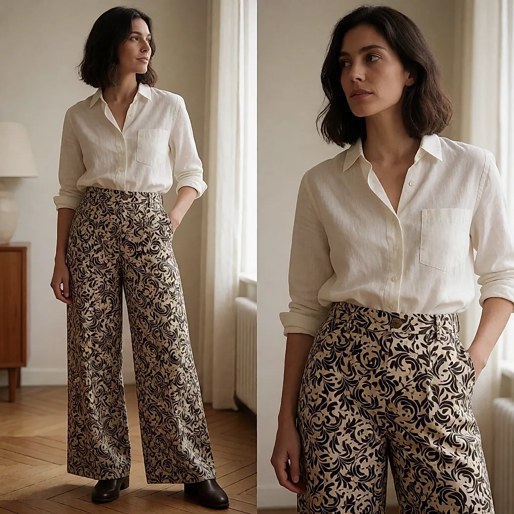 Cadrage à la taille : pantalon imprimé taille haute, jambe large, chemise rentrée