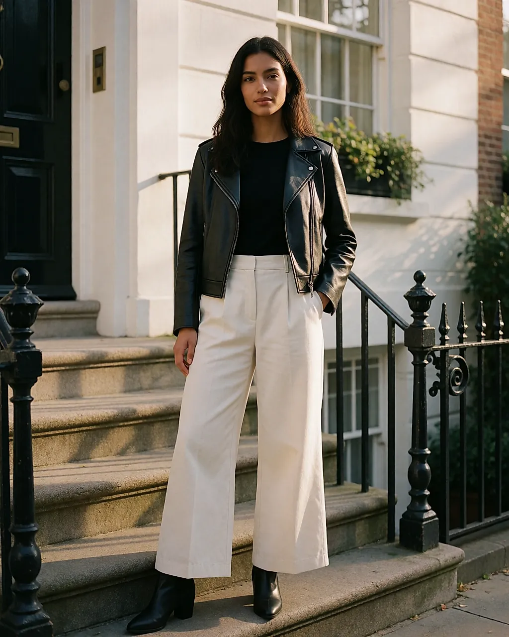 Une femme en perfecto et boots sur des marches de pierre, pantalon imprimé
