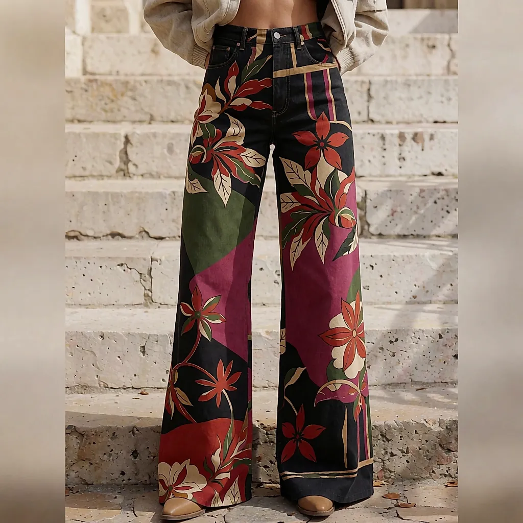 Uma mulher de blusão perfecto e botas em degraus de pedra, calças estampadas