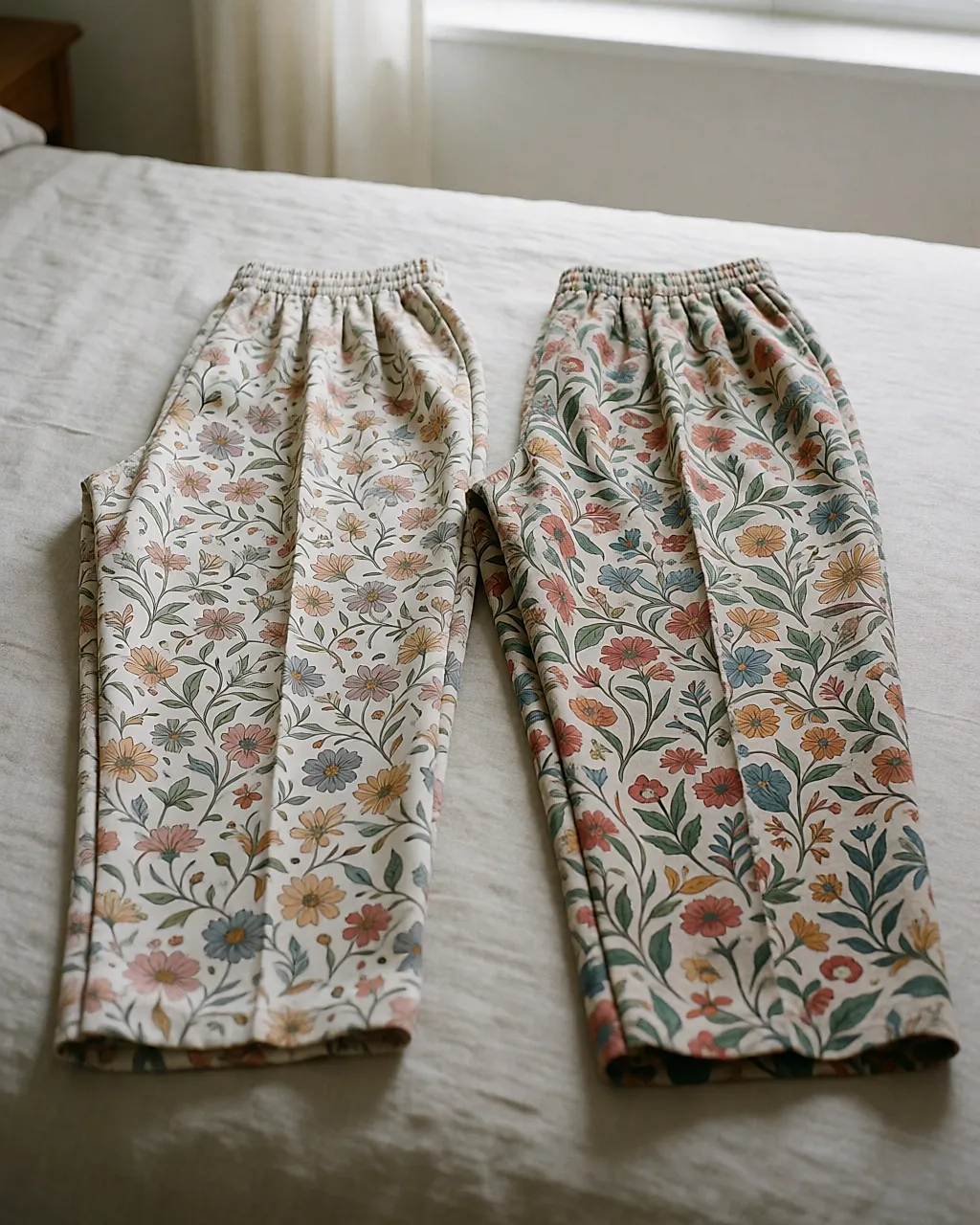 Deux pantalons imprimés côte à côte, l'un en viscose légère, l'autre en lin plus dense