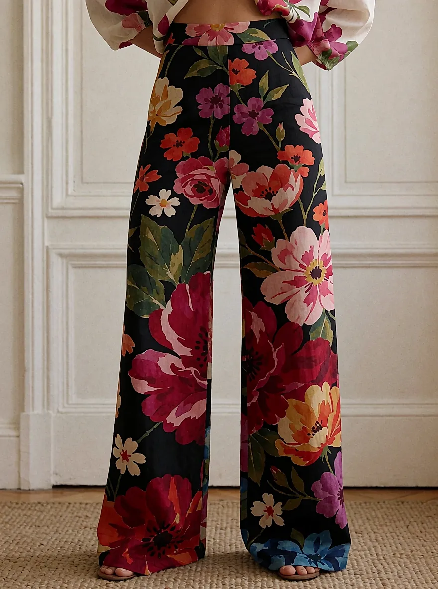 Photo produit inspirée de Pantalon palazzo, taille haute et jambe large, imprimé à fleurs