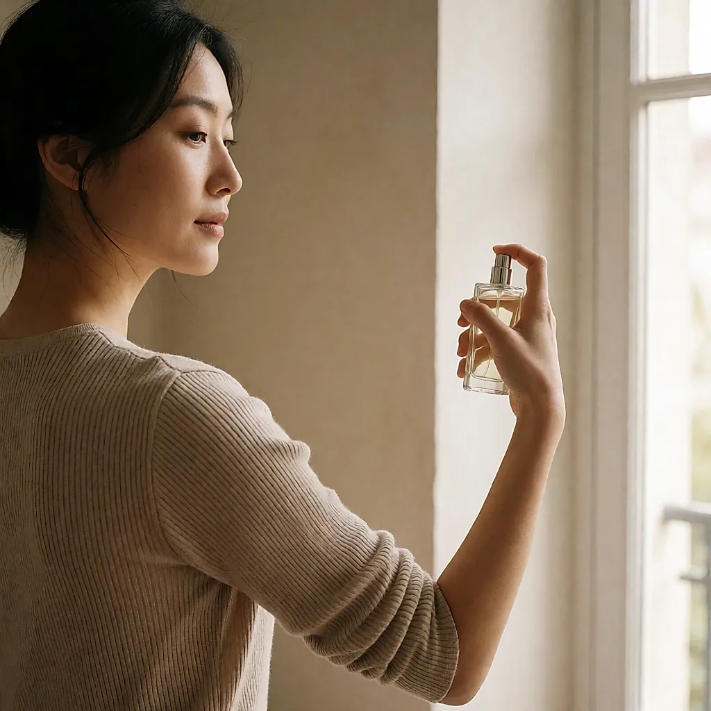 一位女性在手肘内侧喷了两下香水
