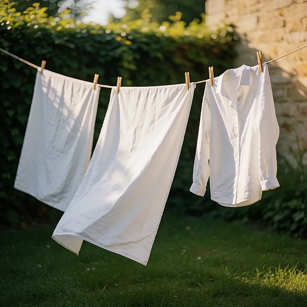 Du linge blanc qui sèche sur une corde dans un jardin, à la lumière dorée de fin de journée