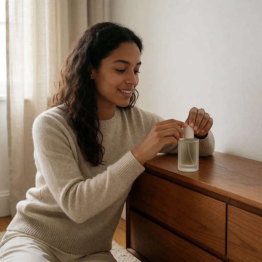 Une femme referme le bouchon d'un flacon de parfum après une pression sur son poignet