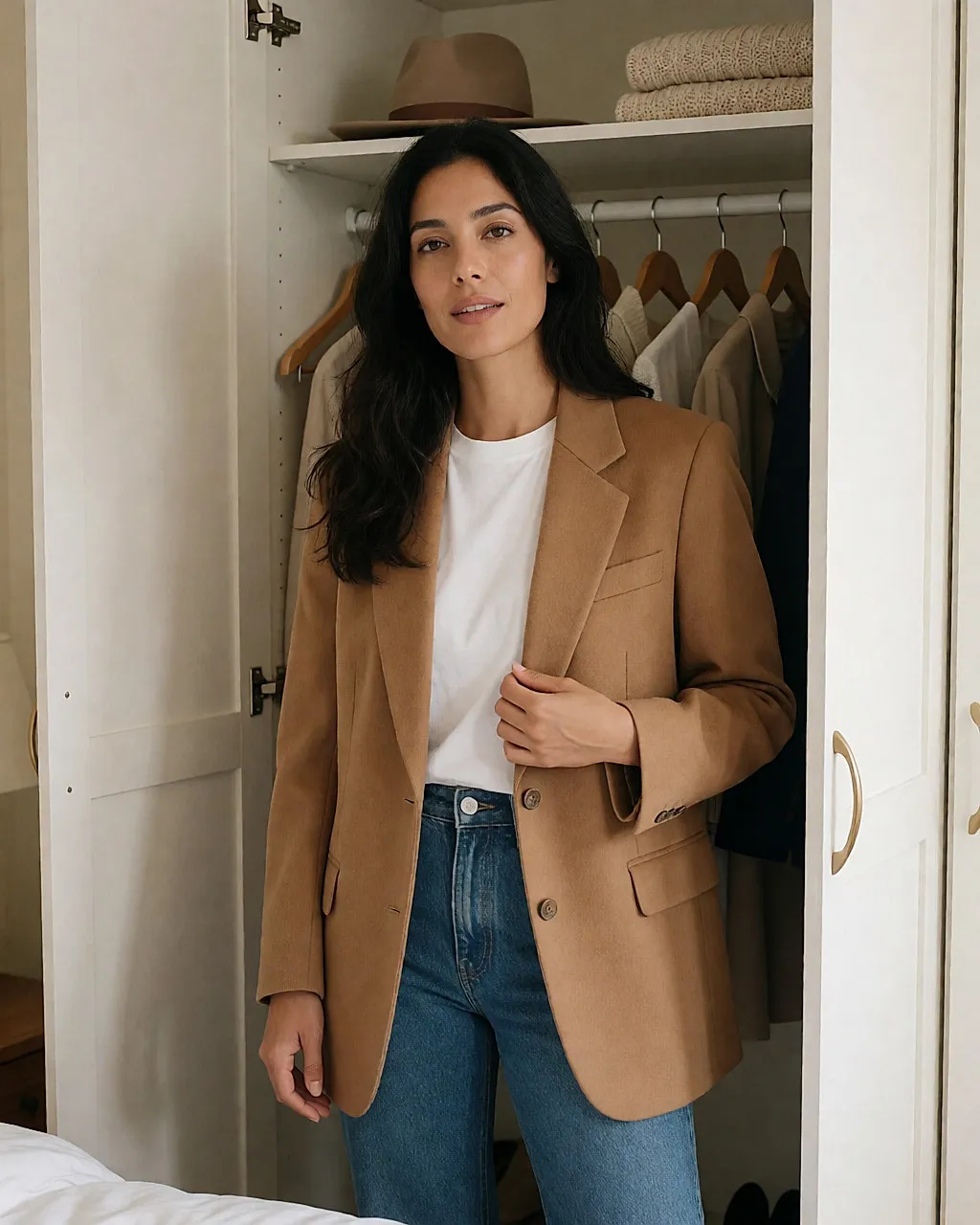 Une femme latina ajuste un blazer camel statement sur un t-shirt blanc devant sa garde-robe ouverte