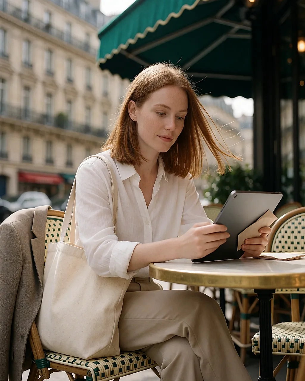 Une jeune femme consulte une sélection en ligne sur une tablette, en terrasse de café parisien