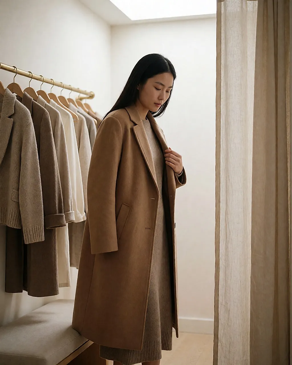 Vue de dos d'une femme asiatique essayant un long manteau camel en cabine d'essayage lumineuse