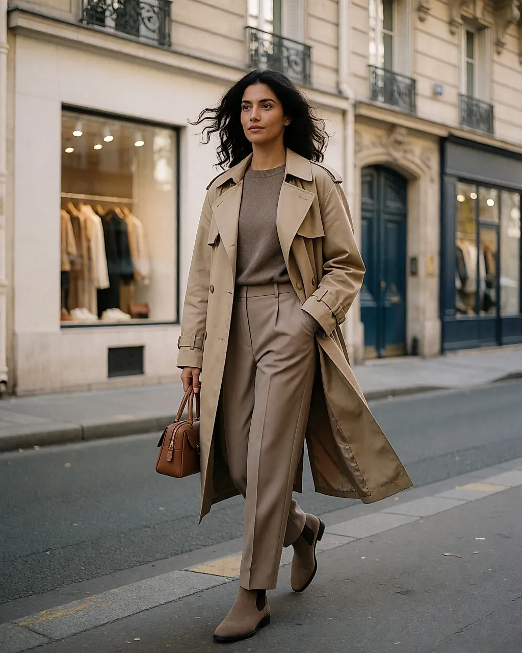 Une femme marche dans une rue parisienne élégante, trench structuré et sac à la main