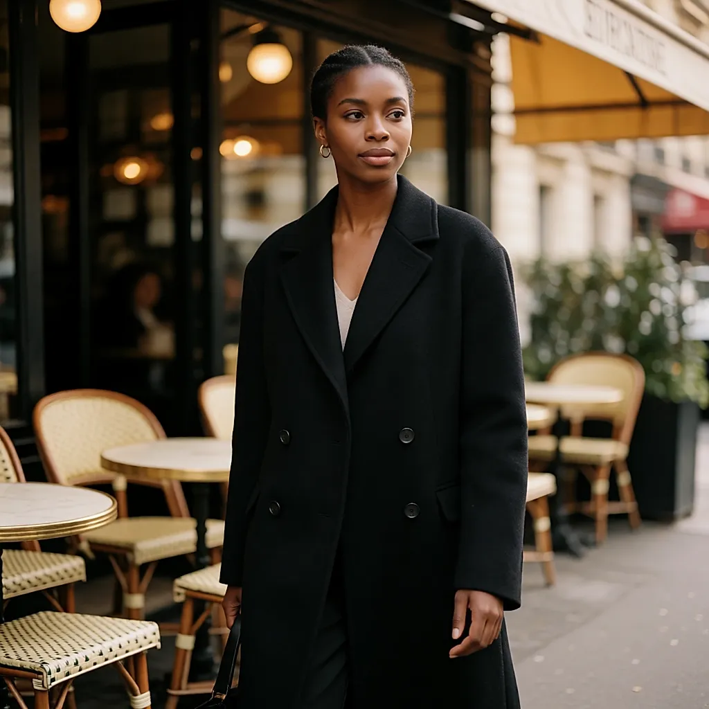 Young Black woman in a black biker jacket walking past a café terrace